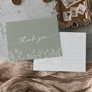 Boho Sage Green Wildflower Wedding Thank You Postcard