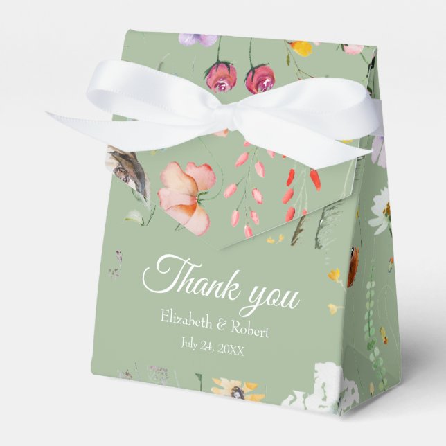 Boho Sage Green Wildflowers Wedding Favour Box (Front Side)