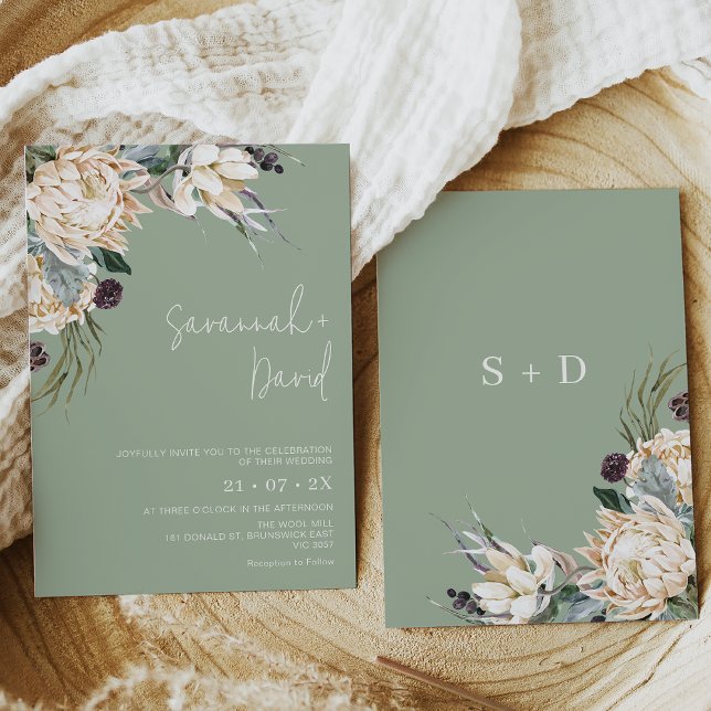 Boho Sage White Protea Pampas Grass Wedding Invitation (White king protea wedding invitation with large floral arrangement on a sage colored background.)