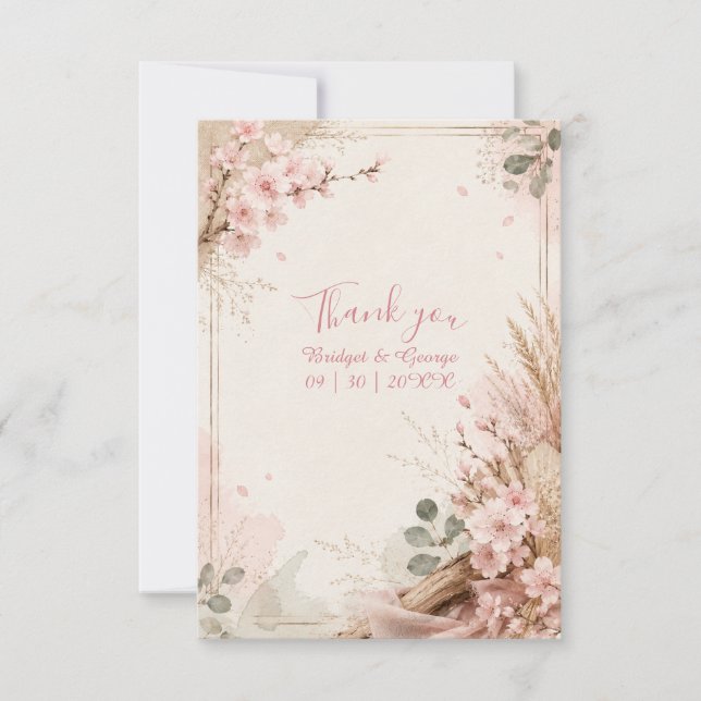 Boho Sakura Rustic Wedding Blooms Thank You Card (Front)