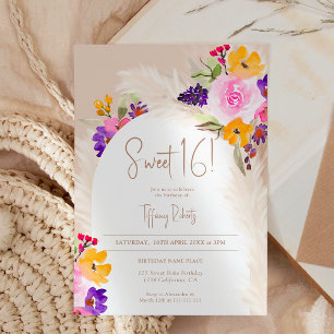Boho sand floral pampas desert arch Sweet 16 Invitation