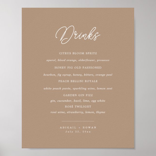 Boho Sand Minimalist Script Wedding Bar Menu Sign (Front)