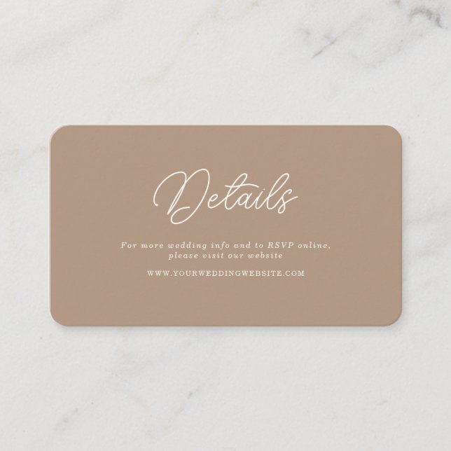 Boho Sand Minimalist Script Wedding QR Details Enclosure Card (Front)