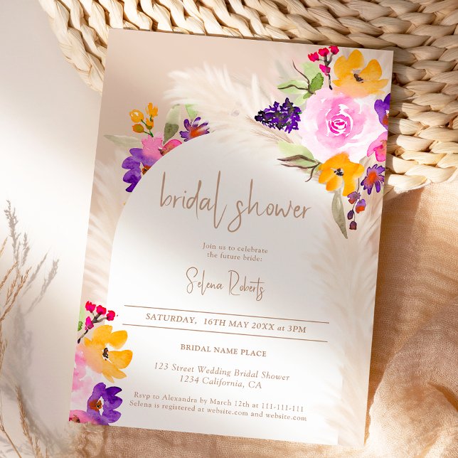 Boho sand pampas pink floral arch bridal shower invitation (Boho sand pampas pink floral arch bridal shower invitation)