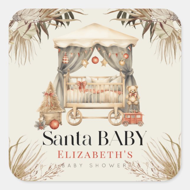 Boho Santa Baby Christmas Holiday Crib Baby Shower Square Sticker (Front)