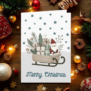 Boho Santa on Sleigh With Gifts Snowflakes Holiday Card