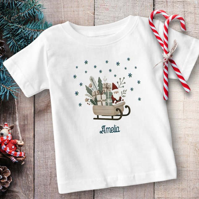 Boho Santa on Sleigh With Gifts Snowflakes Name  Baby T-Shirt (Creator Uploaded)