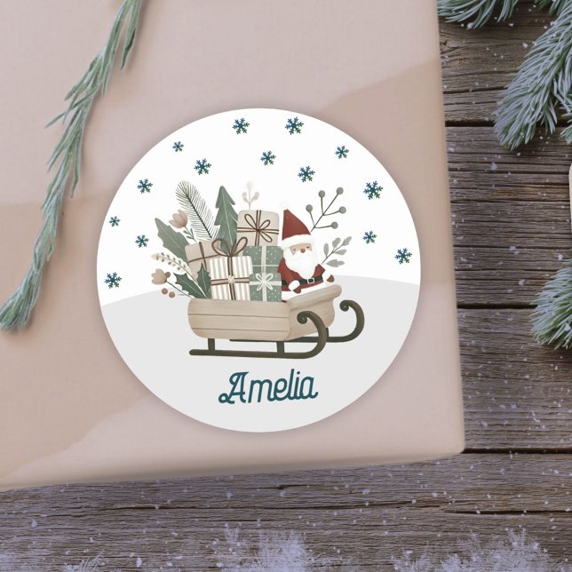 Boho Santa on Sleigh With Gifts Snowflakes Name Classic Round Sticker (Creator Uploaded)