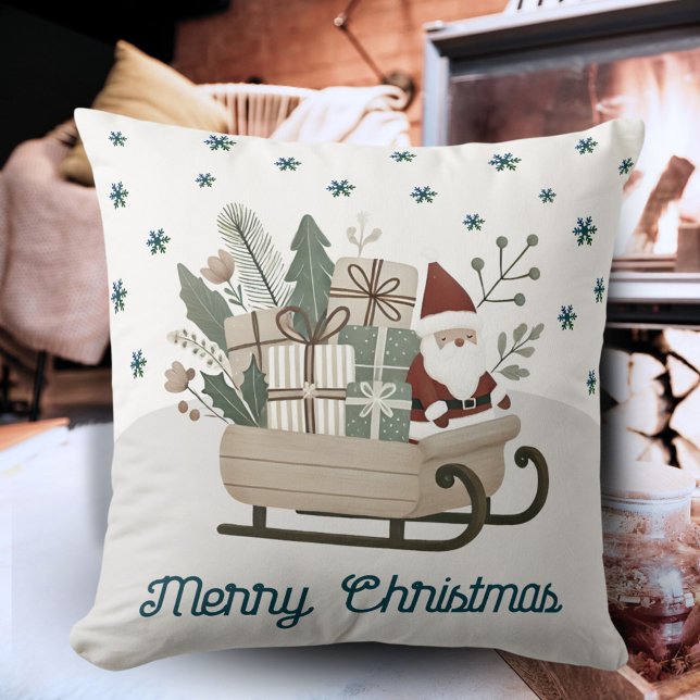 Boho Santa on Sleigh With Gifts Snowflakes Name  Cushion (Creator Uploaded)