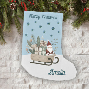 Boho Santa on Sleigh With Gifts Snowflakes Name Small Christmas Stocking