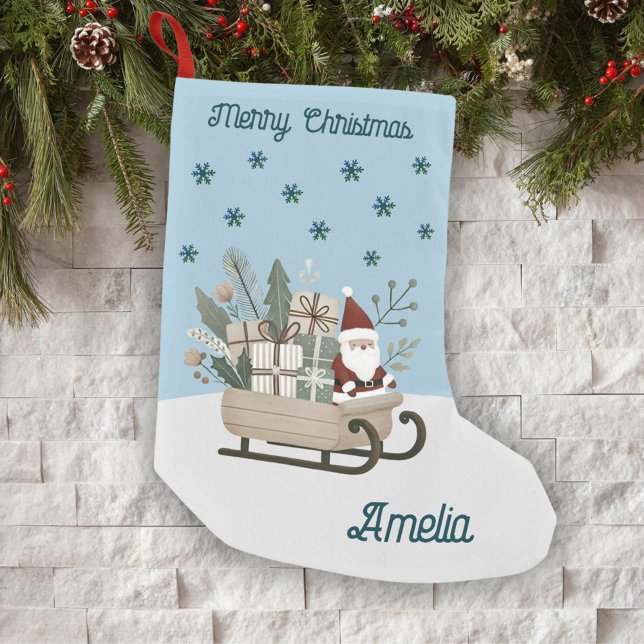 Boho Santa on Sleigh With Gifts Snowflakes Name Small Christmas Stocking (Creator Uploaded)
