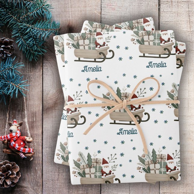 Boho Santa on Sleigh With Gifts Snowflakes Name Wrapping Paper Sheet (Creator Uploaded)