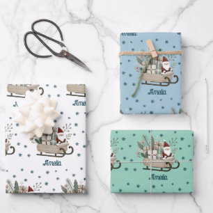 Boho Santa on Sleigh With Gifts Snowflakes Name Wrapping Paper Sheet