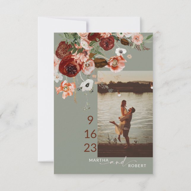 Boho Save The Date Card with Photo Terracota Sage  (Back)
