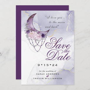 Boho Save the Date Dusty Purple Crescent Moon Invitation