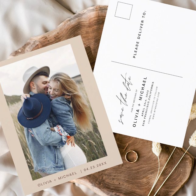 Boho Save the Date Photo Minimal Script Postcard (Creator Uploaded)
