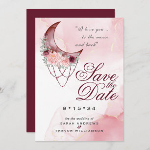 Boho Save the Date Pink Maroon Crescent Moon Invitation