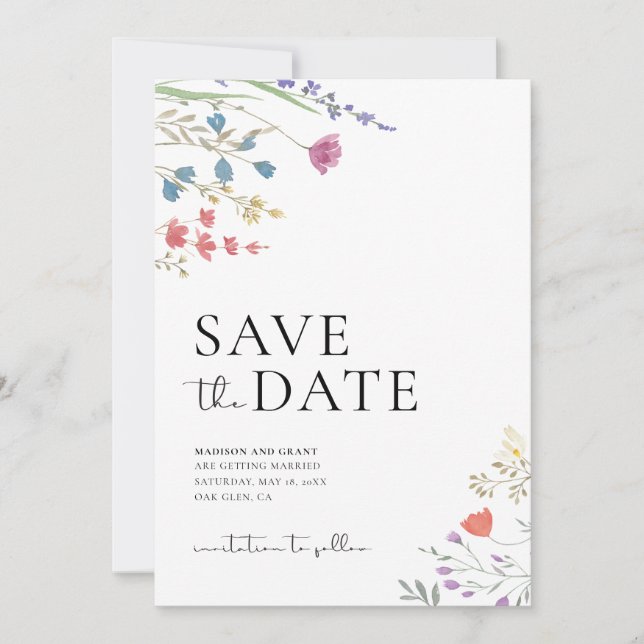 Boho Save The Date, Wildflower Save The Date Invitation (Front)