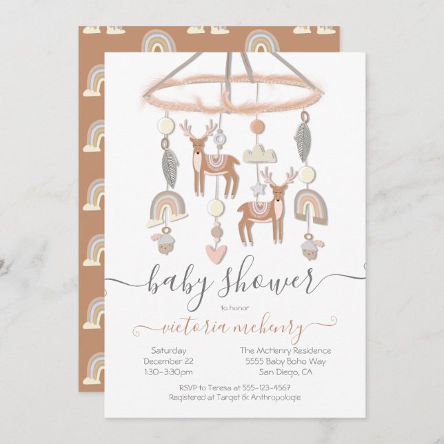Boho Scandi Deer Forest Mobile Baby Shower Invitation (Front/Back)