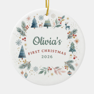 Boho Scandi Woodland Baby 1st Christmas Ceramic Tree Decoration