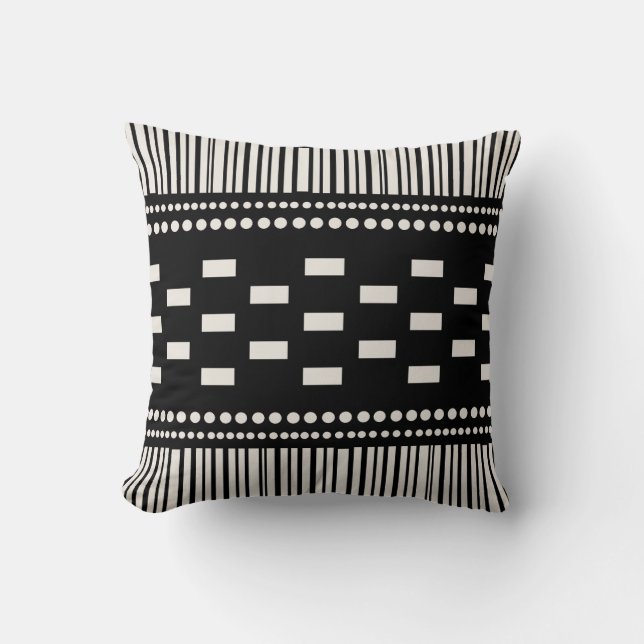 Boho Scandinavian Lines Dots Black White Cushion (Front)