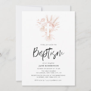 boho script dusty rose floral cross baptism invitation