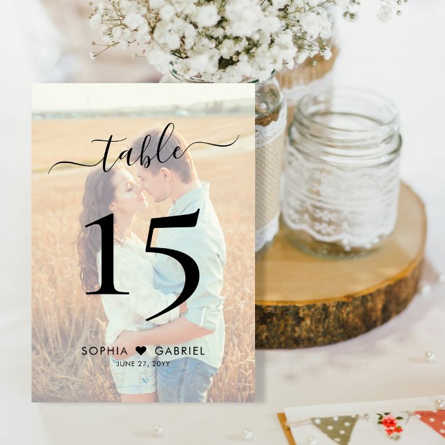 Boho Script Heart Photo Wedding Double Sided Table Number (Creator Uploaded)