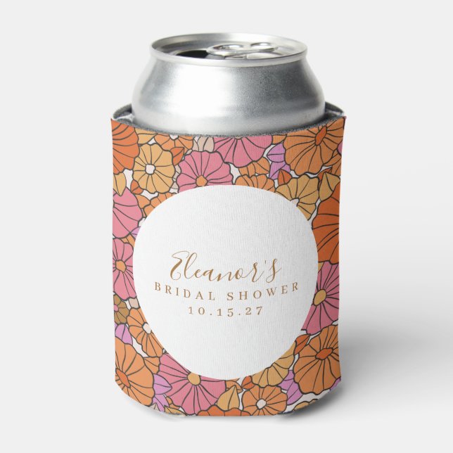 Boho Script Ochre Pink Floral Bridal Shower Custom Can Cooler (Can Front)