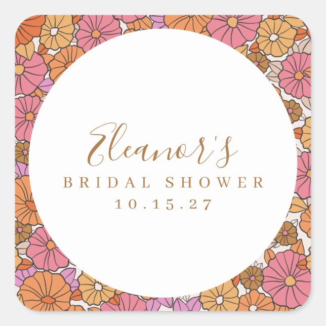 Boho Script Ochre Pink Floral Bridal Shower Custom Square Sticker (Front)