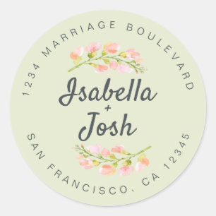 Boho Script Pink Floral Wedding Return Address Classic Round Sticker