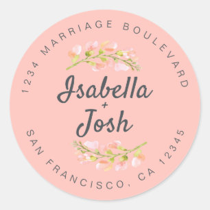 Boho Script Pink Floral Wedding Return Address Classic Round Sticker