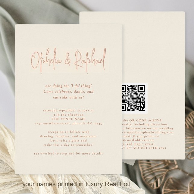 Boho Script QR Code Cream Wedding Luxury Real (Front and Back View. Luxury real foil for names in rose gold, gold or silver)
