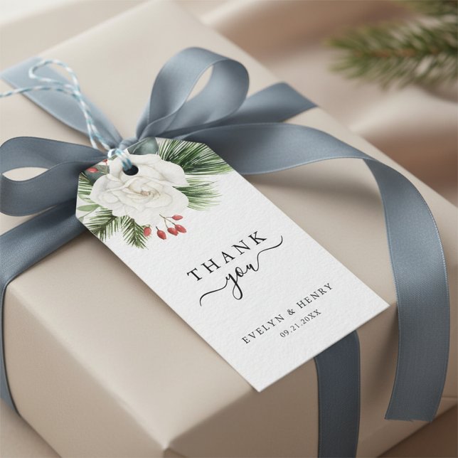 Boho Script Typography Evergreen Wedding Thank You Gift Tags (Creator Uploaded)