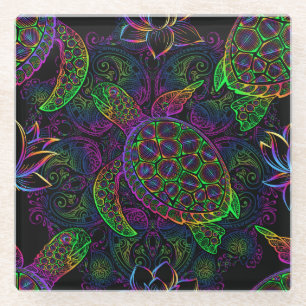Boho Sea Turtle: Psychedelic Mandala Pattern Glass Coaster