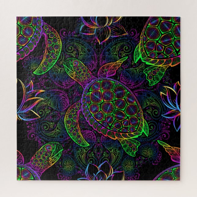 Boho Sea Turtle: Psychedelic Mandala Pattern Jigsaw Puzzle (Vertical)