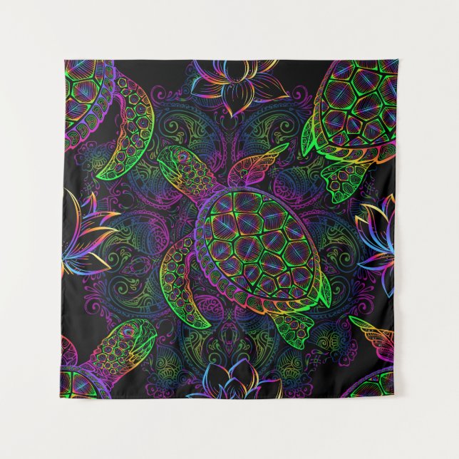 Boho Sea Turtle: Psychedelic Mandala Pattern Tapestry (Front)