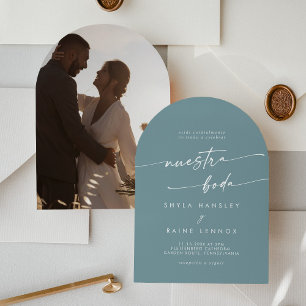 Boho Seafoam Teal Photo Arch Spanish Wedding Invitation