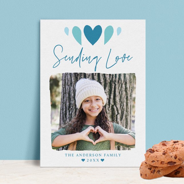 Boho Sending Love Blue Photo Valentine's Day Holiday Card (Creator Uploaded)