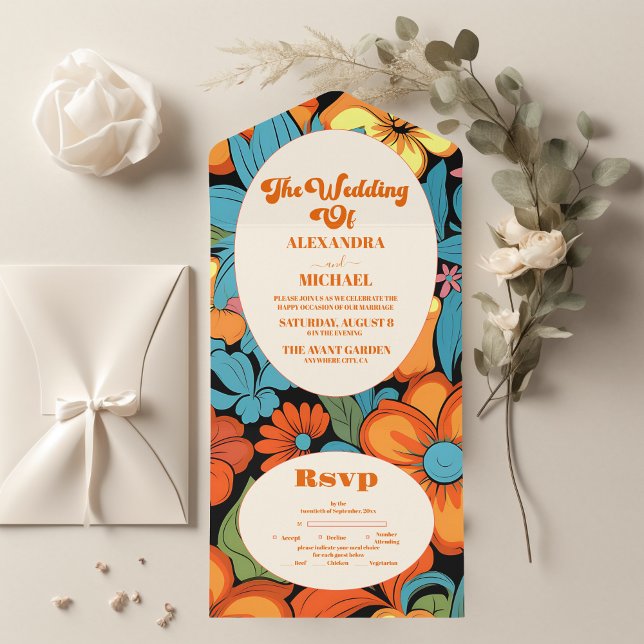 Boho Seventies Retro Floral Wedding All In One Invitation (Creator Uploaded)