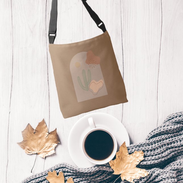 Boho Shapes Abstract Beige Terracotta Sun Cactus Crossbody Bag (Boho Abstract Shapes Brown Tan Green Peach Cactus Cross body hand bag.)