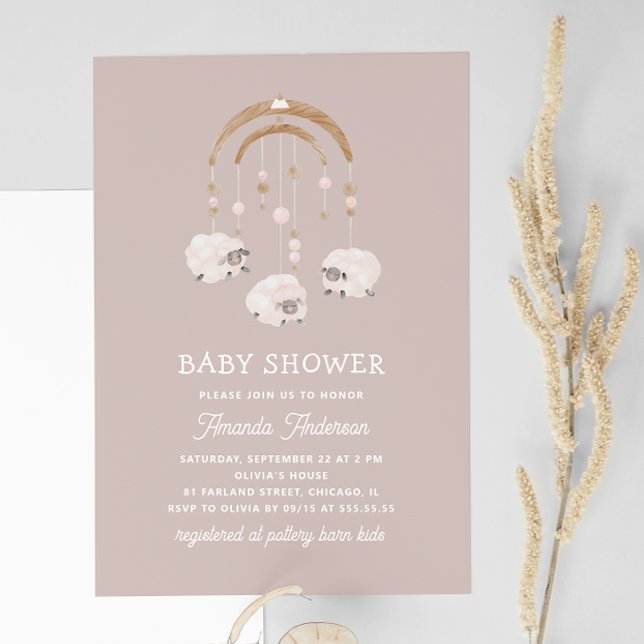 Boho Sheep Mobile | Light Mauve Soft Baby Shower Invitation (Creator Uploaded)