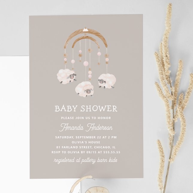 Boho Sheep Mobile | Warm Grey Neutral Baby Shower Invitation (Creator Uploaded)