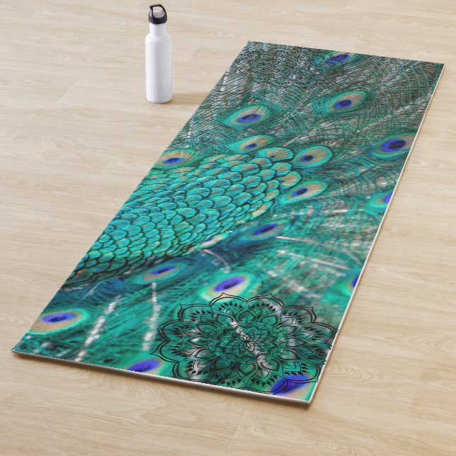 Boho Shimmering Chic Peacock Feather  Yoga Mat (In Situ)