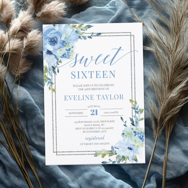 Boho silver geometric blue floral sweet sixteen invitation (Boho silver geometric blue floral sweet sixteen invitation)