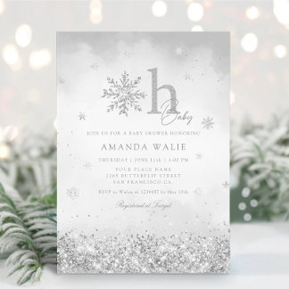 Boho Silver Glitter Snowflake Winter Baby Shower  Invitation