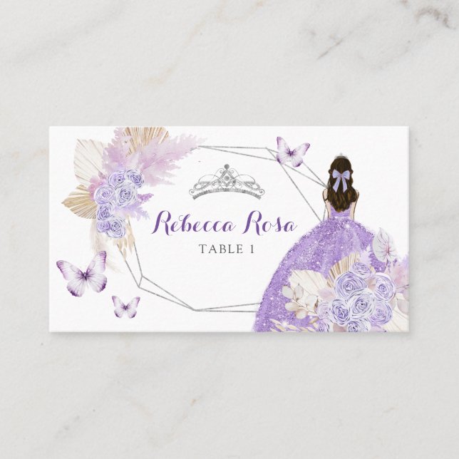 Boho Silver Lilac Floral Butterfly Quinceañera Place Card (Front)