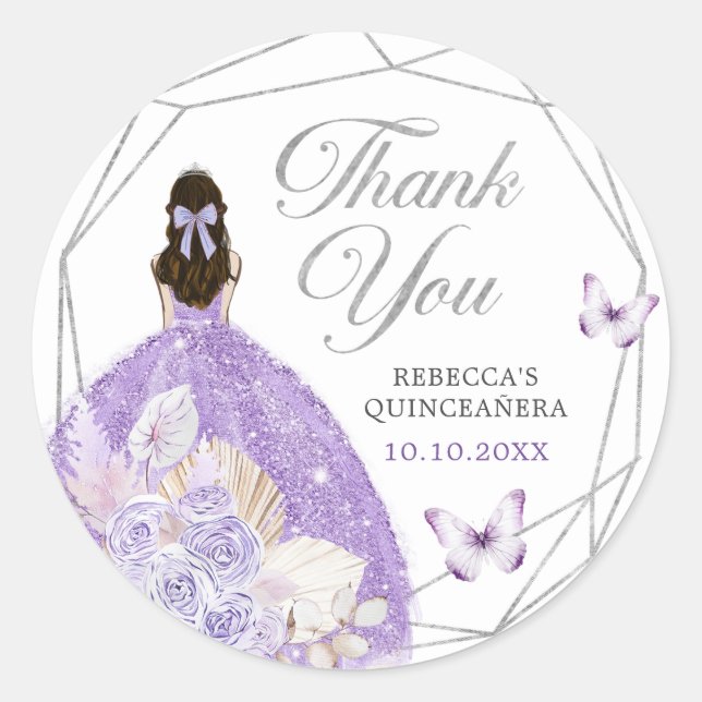 Boho Silver Lilac Floral Quinceañera Thank You Classic Round Sticker (Front)