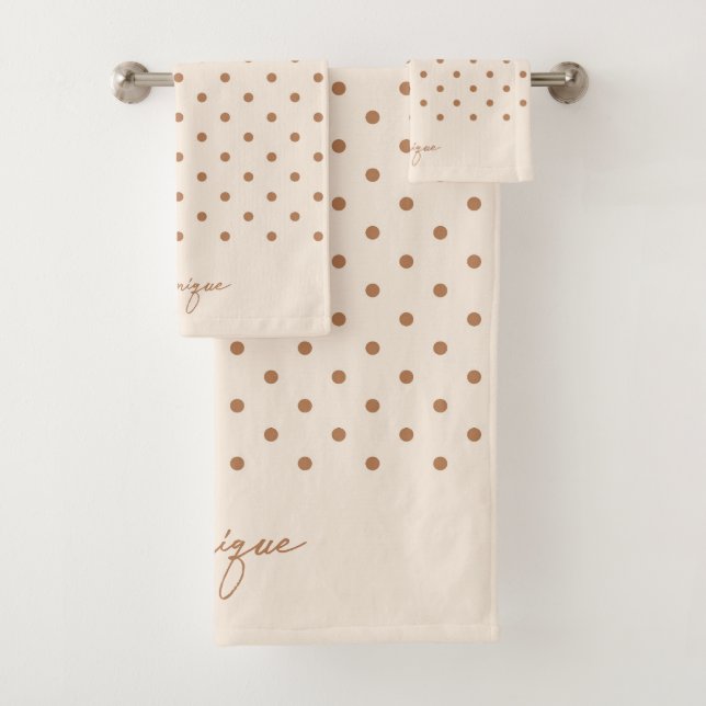 Boho Simple Modern Girly Neutral Polka Dot Beige Bath Towel Set (Insitu)