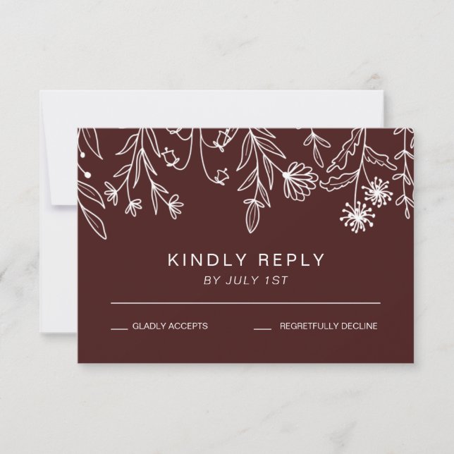 Boho Simple Wildflower burgundy Wedding RSVP Card (Front)
