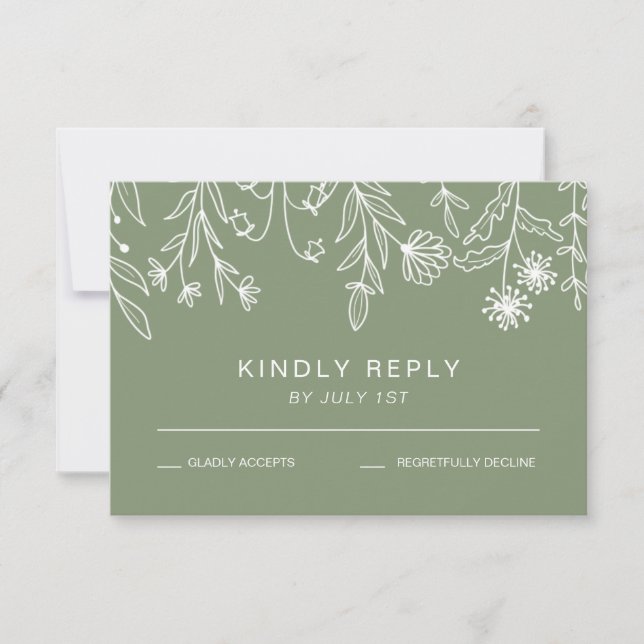Boho Simple Wildflower Sage Green Wedding RSVP Card (Front)